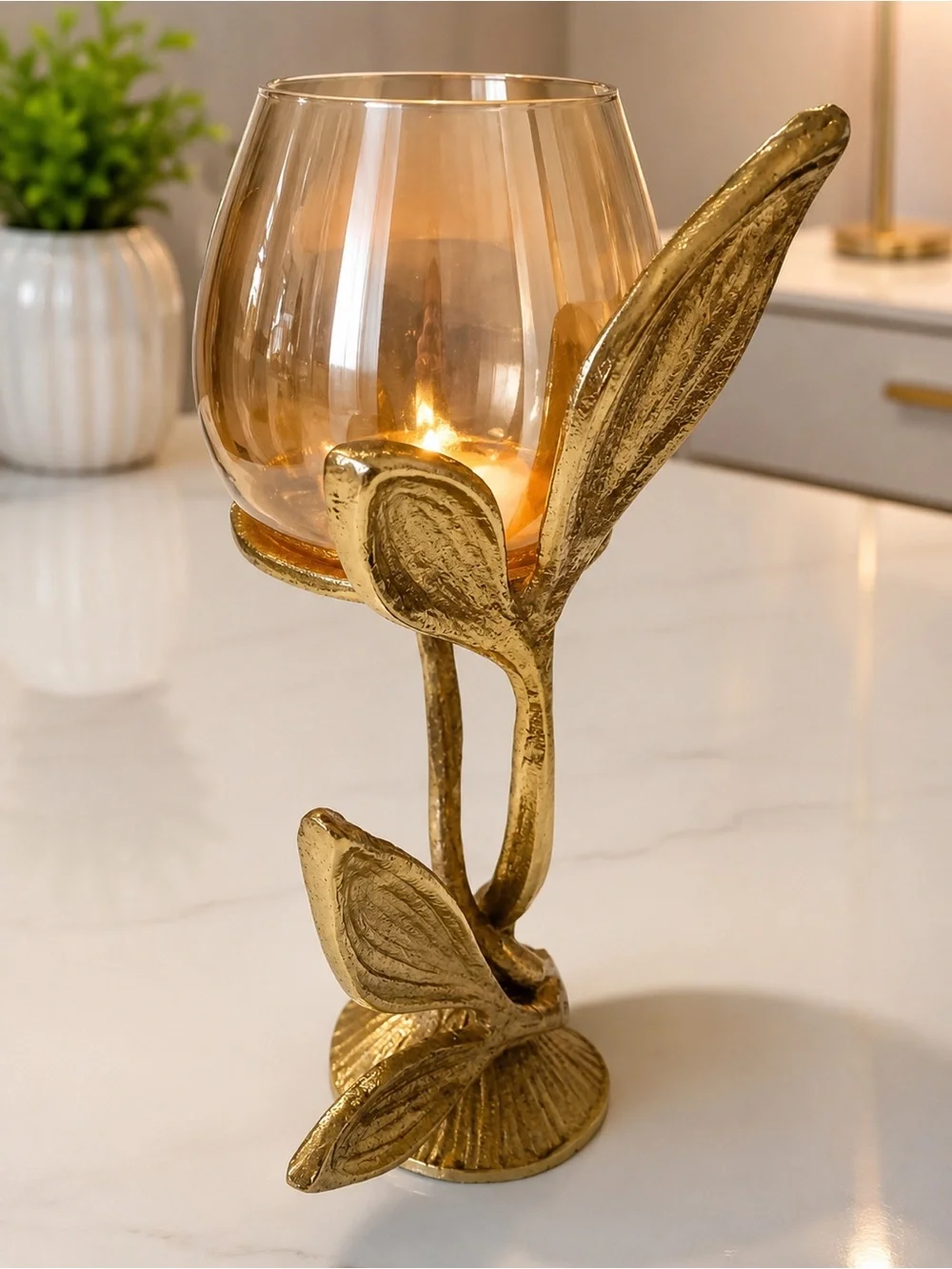 Gold Leaf Glass Votive Candle Holder - Elegant Home Accent